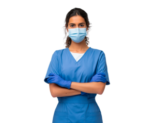 Confident female nurse in blue scrubs with mask and gloves on transparent background
