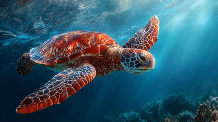 Fototapeta premium Green sea turtle in blue sea water tropical tortoise swimming underwater. Creative Banner. Copyspace image