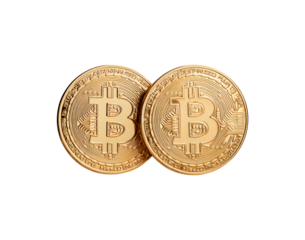 Golden bitcoin coins symbolizing cryptocurrency and digital finance on transparent background