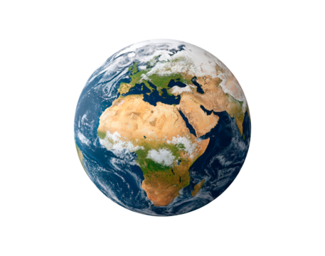Detailed view of earth's continents on transparent background