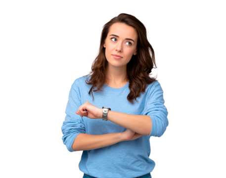 Young female in blue sweater checking time with thoughtful expression