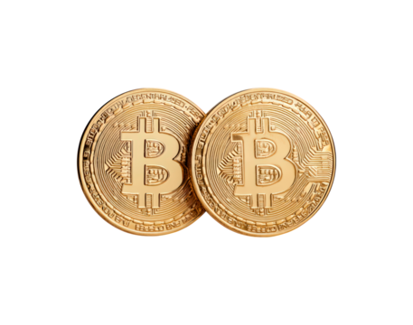 Golden bitcoin coins symbolizing cryptocurrency and digital finance on transparent background