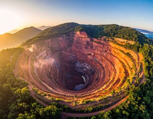 Dramatic aerial view of active mine site at sunrise shows industry and environmental impact, suitable for geology, engineering, construction and business themes