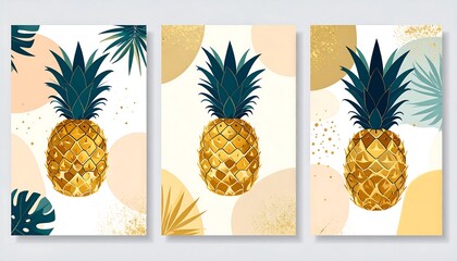 Three posters featuring gold pineapples, tropical leaves, and abstract shapes