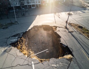 Dramatic sinkhole swallows city street creating chaos after infrastructure failure, ideal for disaster recovery, insurance claims, or safety awareness campaigns