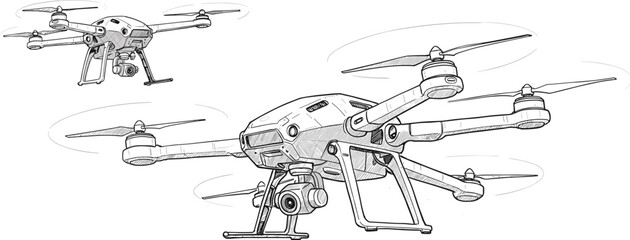 Modern quadcopter drone, aerial technology, flying UAV, surveillance equipment, camera drone, unmanned aircraft, innovation, aviation, photography, futuristic design, blue illustration