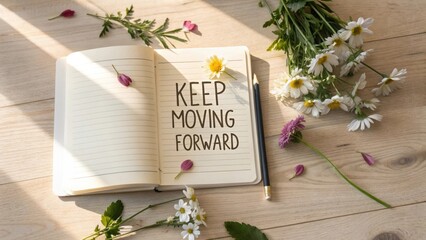 Inspiring Quote in Open Notebook Surrounded by Fresh Flowers on Warm Wooden Surface for Motivation and Positivity