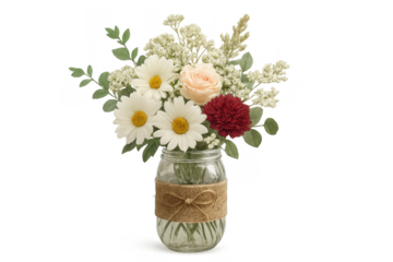 Floral bouquet in mason jar with burlap bow