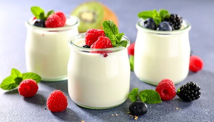 Three small glass yogurt parfaits topped with fresh berries and mint