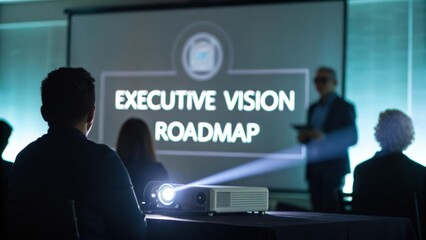 Presentation of Executive Vision Roadmap with Projector in Business Conference Room Setting