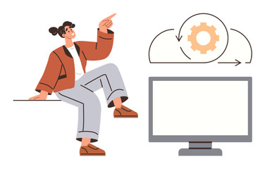 Woman seated, pointing at cloud computing gear symbol next to monitor screen. Ideal for technology, cloud services, innovation, teamwork, remote work, digital workflow, simple flat metaphor