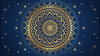 “Golden ornamental Islamic mandala on dark blue luxury background with glowing stars”