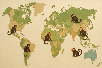 Illustration of monkeys scattered across a stylized world map, highlighting primate distribution across continents
