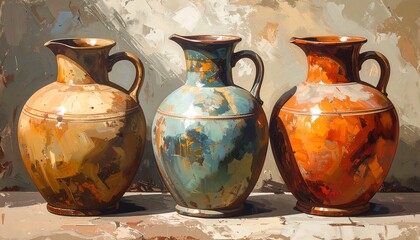 Three terracotta pitchers in varying shades of brown, teal, and orange, displayed on a textured surface