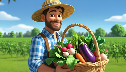 A cartoon illustration of a man standing in a lush green field, holding a large wicker basket filled with a variety of fresh vegetables including lettuce, radishes, eggplants, and carrots.