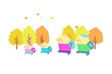 家族で秋のハイキングを楽しむ　可愛い猫のベクターイラスト素材