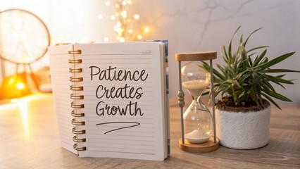 Inspirational quote on notebook with hourglass and plant in serene workspace setting for personal development and motivation