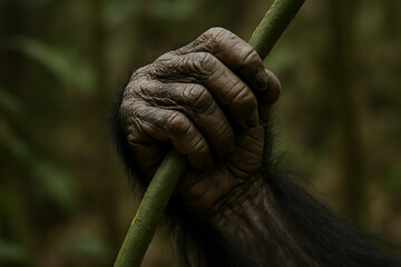 A chimpanzee's textured hand firmly grasping a vibrant green stem in its natural jungle habitat