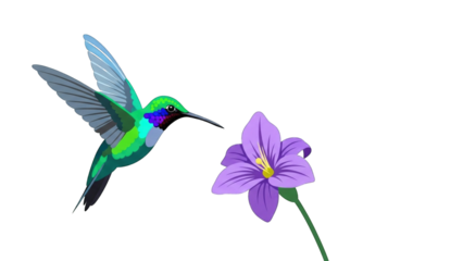 green hummingbird hovers near a delicate purple flower, its wings blurred with motion.