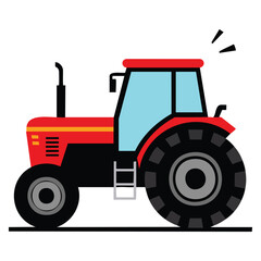 Flat design illustration of red tractor with black wheels and beige exhaust pipe isolated on white background representing agriculture farming and rural machinery