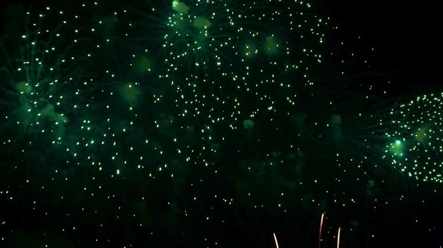Green Fireworks Exploding in the Night Sky.