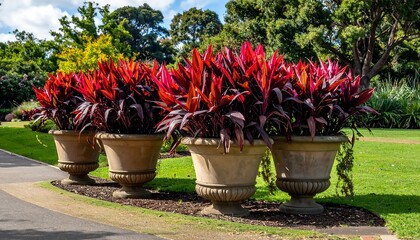 Three terracotta urns filled with vibrant red-purple foliage