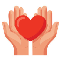 Hand with object concept vector illustration featuring two palms holding red heart ideal for charity donation clothing print sticker isolated on white background