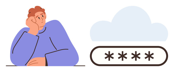Person thinking alongside password entry and cloud symbol. Ideal for cybersecurity, data privacy, user authentication, online safety, cloud computing, digital identity, simple flat metaphor