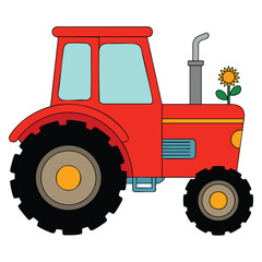 Red tractor flat design vector illustration with black wheels and beige exhaust pipe on white background ideal for farming agriculture and rural machinery themes