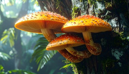 Three vibrant orange-red mushrooms on a mossy tree trunk in a lush forest