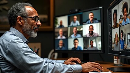 Man with glasses participates in a video conference call with diverse colleagues online - Powered by Adobe