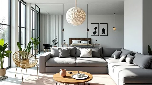 Modern open plan living area featuring a gray sectional sofa and stylish decor elements