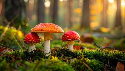 Three vibrant red and orange mushrooms in a sunlit forest