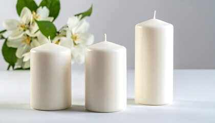 Three white candles, close to flowers