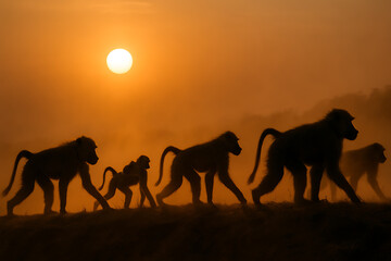 Silhouette of a Baboon Troop Walking at Sunrise A Dramatic African Wildlife Scene