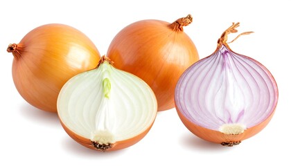 Three whole and sliced onions, light orange and deep purple inner layers, on white background