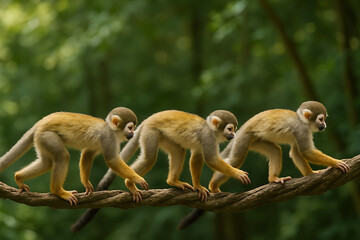 Three adorable squirrel monkeys meticulously traverse a sturdy jungle vine, showcasing their agility and natural habitat in a vibrant, lush forest setting, bathed in natural light
