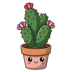 Vector illustration green cactus with pink flowers adorable smiling pot minimalist art isolated design suitable for decor or playful creative artwork