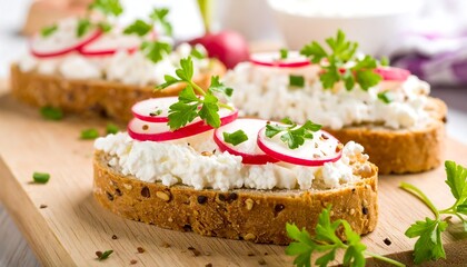 Three whole-wheat bread slices topped with cream cheese, radish, and herbs
