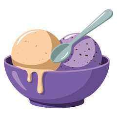 Vector illustration of dairy dessert with scoops of creamy ice cream in bowl suitable for websites, print design, organic sweet desserts, and cartoon artwork