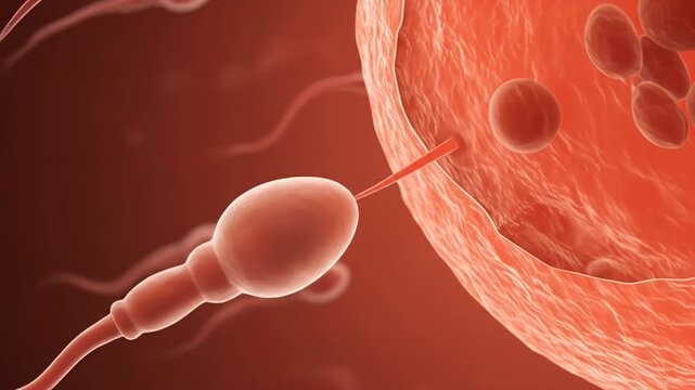 Fertilization process sperm approaching egg cell microscopic view.