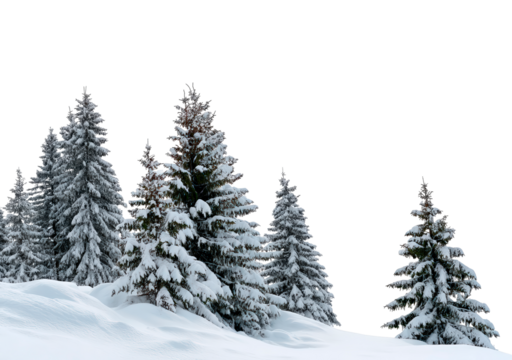 Snow-covered evergreen trees on a wintery hillside landscape under clear black sky