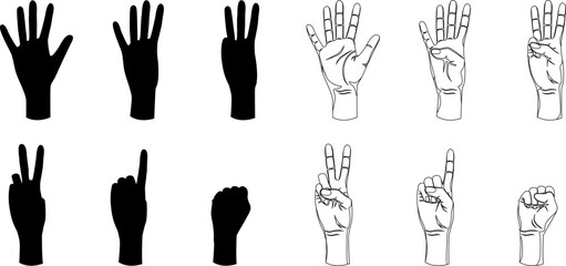 A collection of hand gestures, including silhouettes and line drawings, representing numbers and actions.