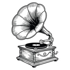 Vector illustration of gramophone in hand drawn engraving style suitable for vintage music posters, retro banners, and decorative artwork elements © Nass Studio