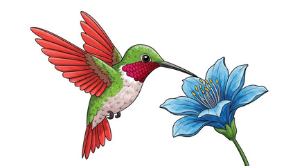 Fototapeta premium illustration of a hummingbird gracefully feeding on a delicate blue flower, showcasing intricate details.