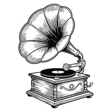 Vector illustration of gramophone in hand drawn engraving style suitable for vintage music posters, retro banners, and decorative artwork elements
