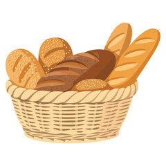 Vector illustration of wicker basket filled with pastry bread whole grain wheat rye bakery bun loaf bread brick toast French baguette challah design element