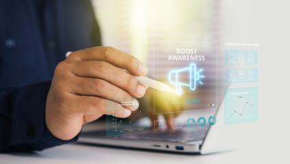Boost Brand Awareness, Digital Marketing Funnel concept, Top stage of digital marketing funnel, representing brand reach, online visibility, and ad impressions, Businessman shown boost brand awareness