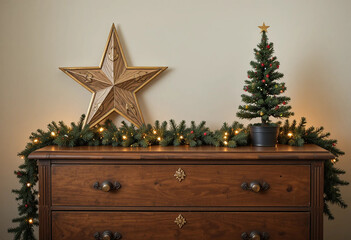 Vintage wooden chest of drawers decorated for Christmas. A decorative star and a small green Christmas tree with garland lights on a chest of drawers with a Christmas tree garland. 3d rendering.