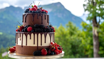 Three-tiered chocolate and cream cake adorned with fresh berries against a mountain backdrop